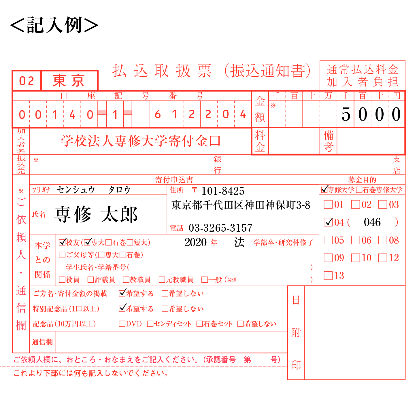 払込取扱票（記入例）