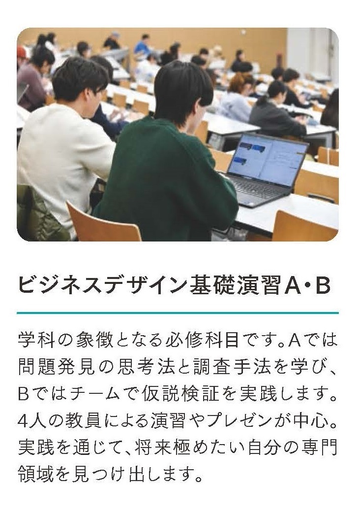 ビジネスデザイン基礎演習A・B 学科の象徴となる必修科目です。Aでは問題発見の思考法と調査手法を学び、Bではチームで仮説検証を実践します。4人の教員による演習やプレゼンが中心。実践を通じて、将来極めたい自分の専門領域を見つけ出します。