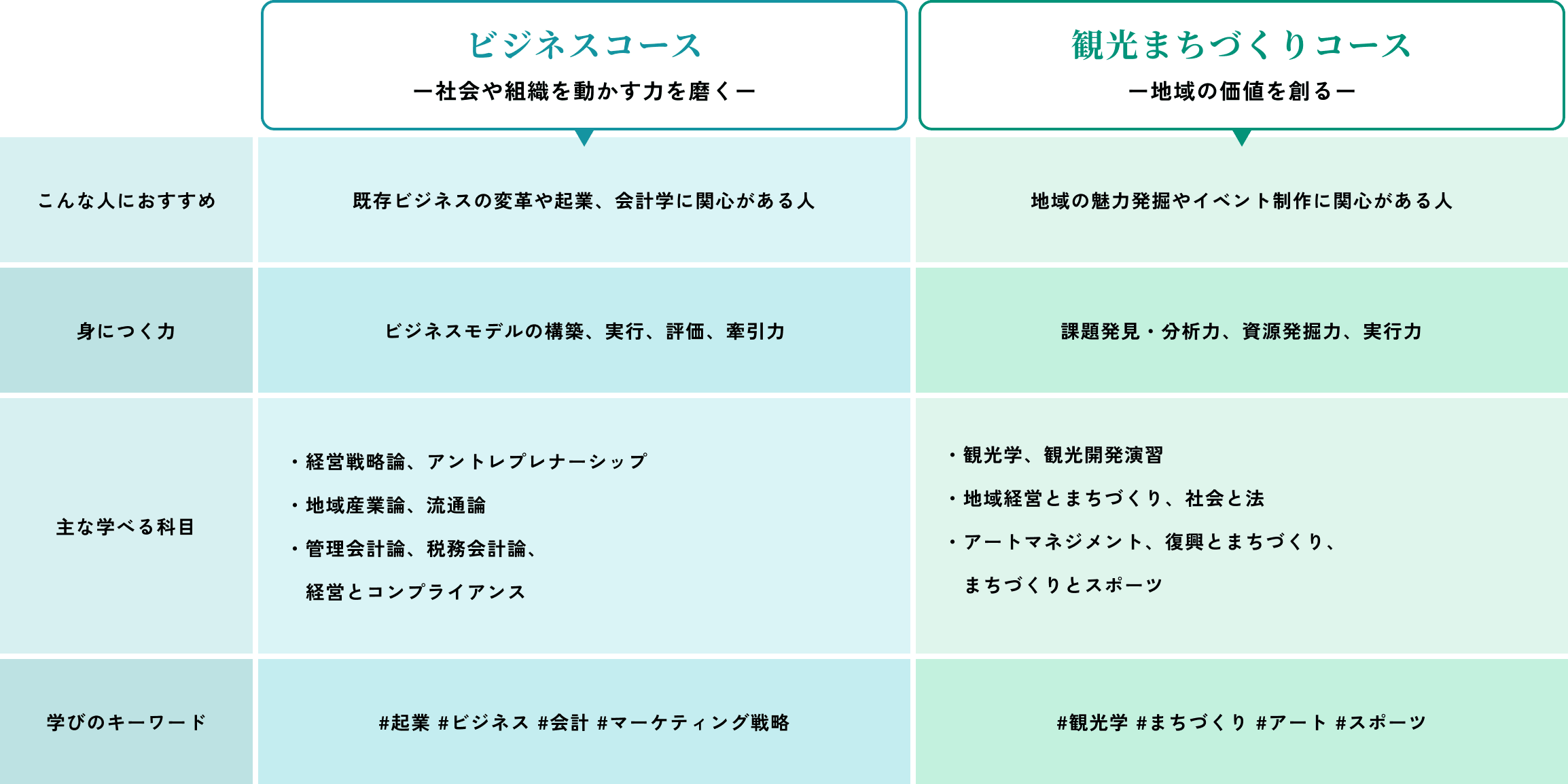 ビジネスコースと観光まちづくりコースのターゲット、身につく力、主な学べる科目、学びのキーワードの比較表