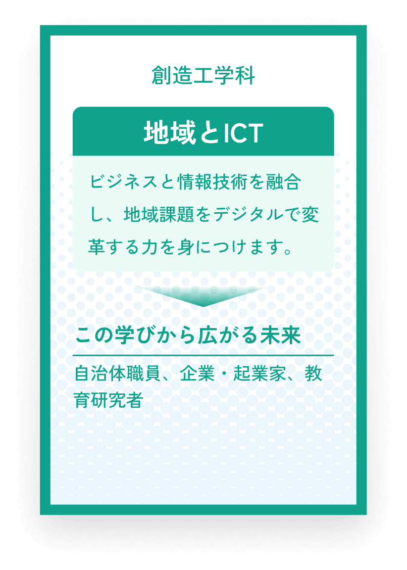 創造工学科 地域とICT ビジネスと情報技術を融合し、地域課題をデジタルで変革する力を身につけます。この学びから広がる未来 自治体職員、企業・起業家、教育研究者