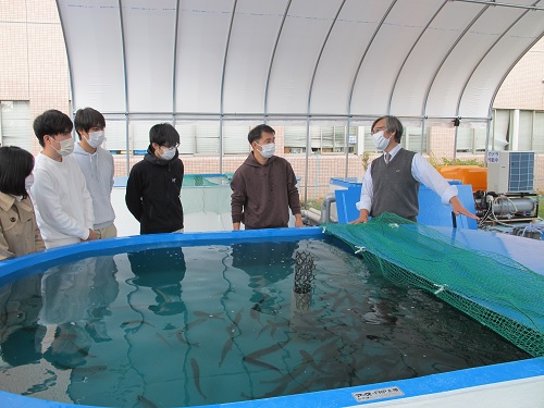 角田教授からの説明を聞く理工学部生物科学科の学生達