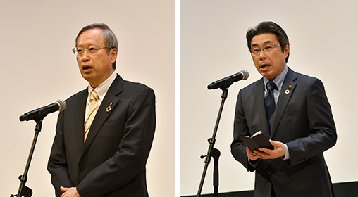 20181220社会知性フォーラム_佐々木学長と藤原市長 20221210-玉名社会知性フォーラム_佐々木学長(左)と藏原-玉名市長